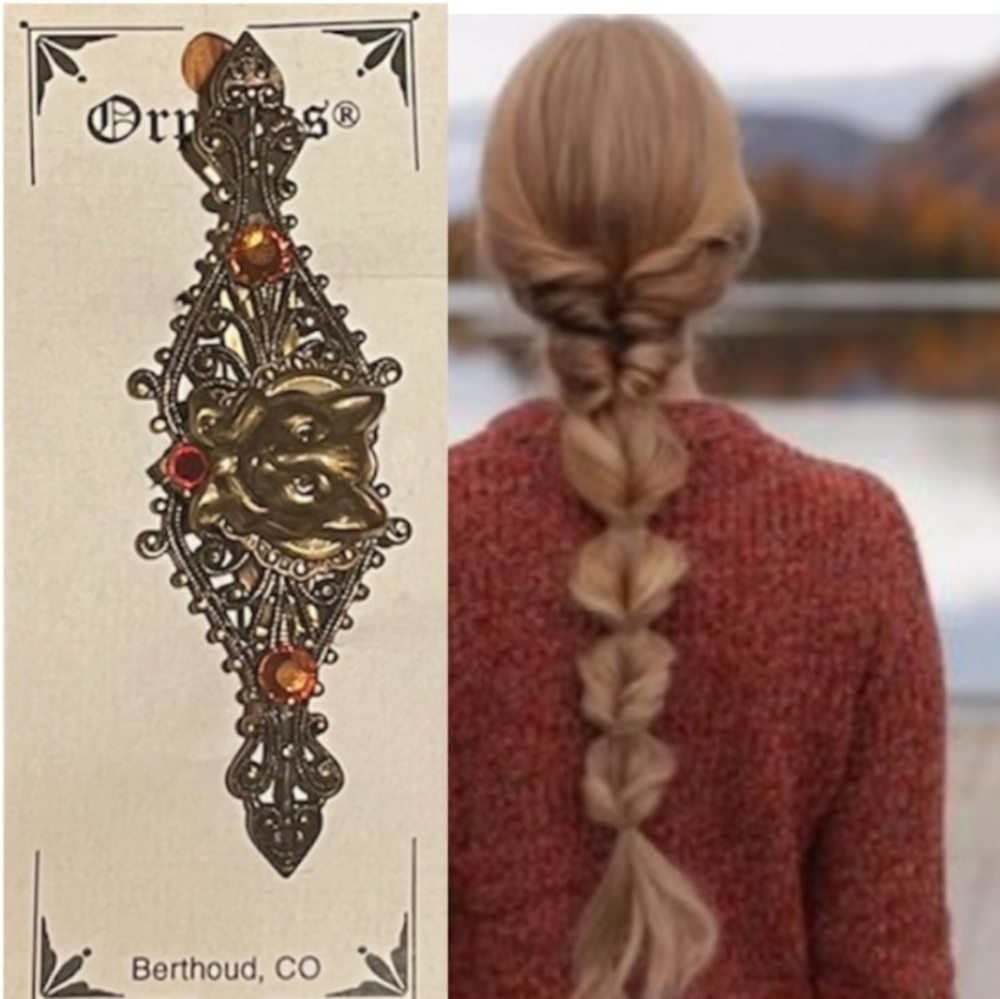 Cat Hair Barrette Pin Antique Gold Vintage Reproduction Romantic Hair Jewelry